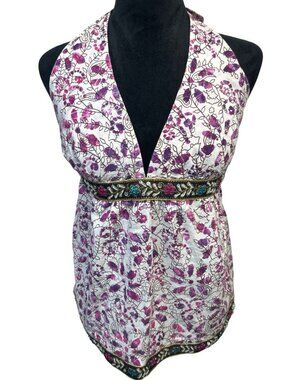 NWT 52 Weekends Floral Babydoll Halter Top Junior's L Beaded Embellished Waist